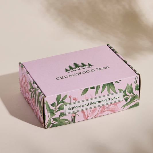 Gift pack from Cedarwood Road with floral design on a beige background