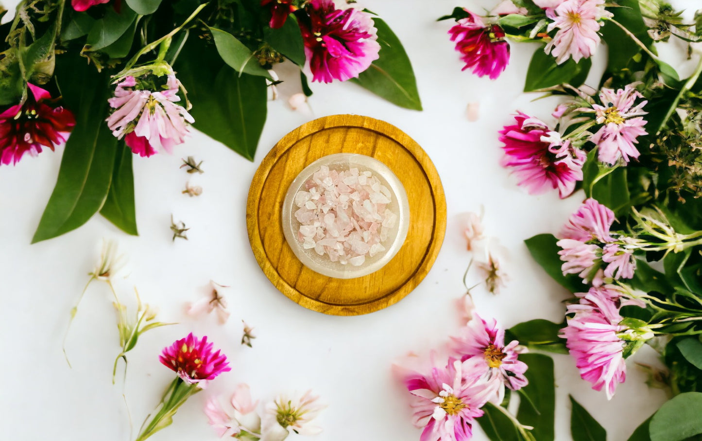 Rose Quartz Crystals infused with Rose Geranium, Patchouli and Ylang Ylang